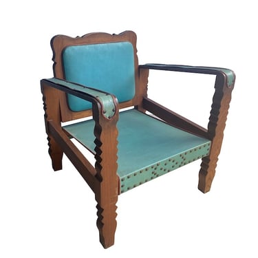 Chair with Carved Wood &#038; Aqua, France, 1930&#8217;s