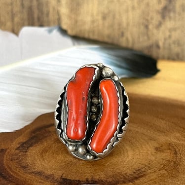 TWIN FLAME Vintage Coral & Sterling Silver Mens Large Statement Ring 24g | Native American Navajo Style, Southwestern Jewelry | Size 11 1/4 