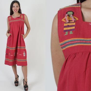 Guatemalan People Heavyweight Dress / Vintage Traditional Mayan Village Print /  Woven Embroidered Ethnic Sundress With Pockets 