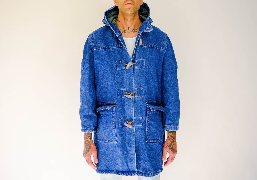 Vintage DONOVAN French Hooded Denim Fishermans Jacket w/ Leather & Tusk