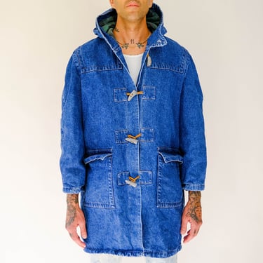 Vintage DONOVAN French Hooded Denim Fishermans Jacket w/ Leather & Tusk Toggles | Made in France | 1970s 1980s Cotton Flannel Denim Coat 