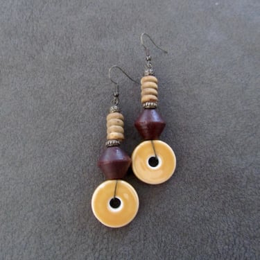Mid century modern wood and ceramic earrings 