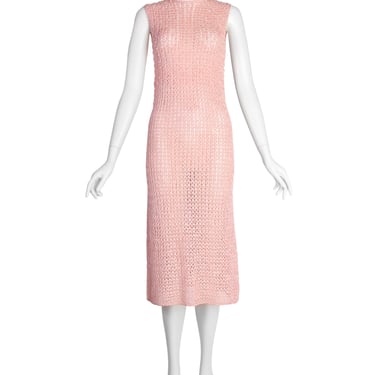 Anne Rubin Vintage 1960s Baby Pink Bead Embellished Ribbon Crochet Dress