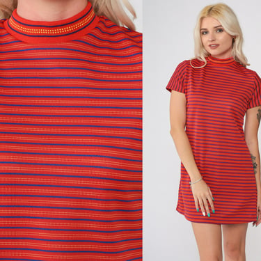 60s Striped Dress Mod Micro Mini Dress Red Blue Shift Sixties Mock Neck Short Sleeve Twiggy Space Age Vintage 1960s Polyester Extra Small XS 