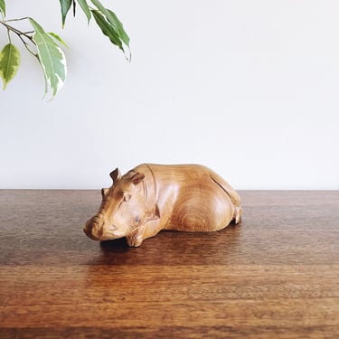 Vintage African Carved Olive Wood Sleeping Hippo 