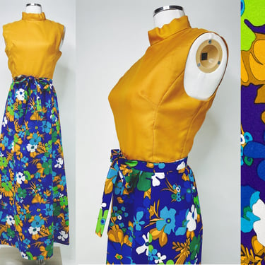 Vintage 60s-70s Mustard Yellow & Purple Floral Maxi Hostess Dress Handmade XS/S | Psychedelic, Hippie, Mod, Sleeveless, High Neck, Gown 