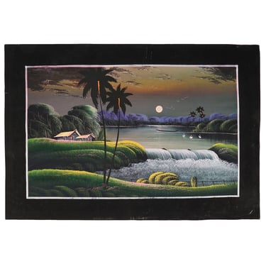 Pradip Acrylic Painting on Paper India Landscape Vintage Waterfall at Night 