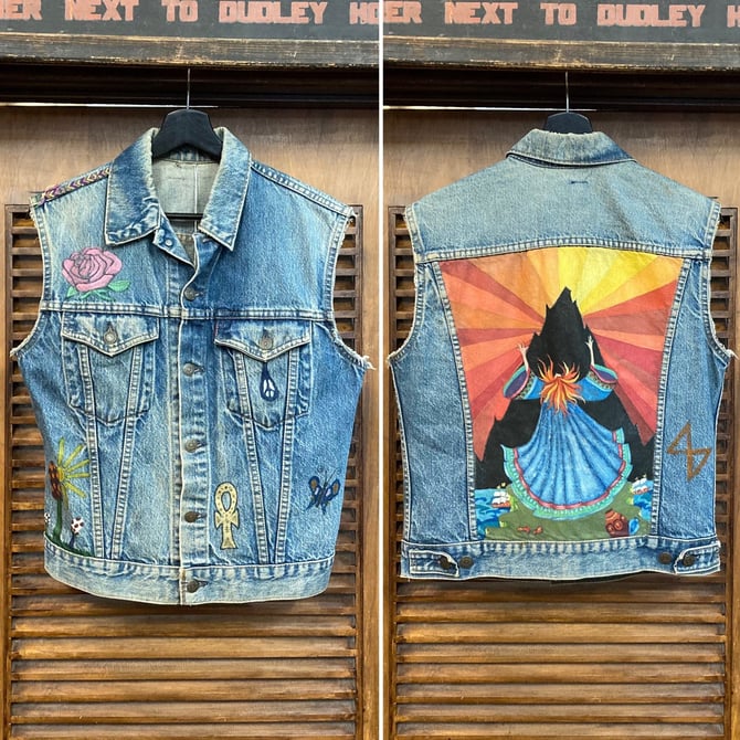 Vintage 1970’s Hippie Art Levi’s Denim Trucker Jacket Vest with Mystical Artwork, 70’s Custom Artwork, 70’s Denim Vest, Vintage Clothing 
