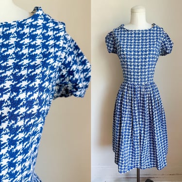 Vintage 1960s-70s Blue Houndstooth Dress / M 