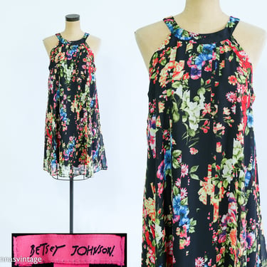 Betsey Johnson | 1990s Black Floral Chiffon Mini Dress | 90s Black Sleeveless Trapeze Mini Dress | Betsey Johnson | Size 10 