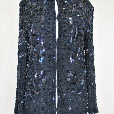 Sequin Jacket, Vintage 70s, Joseph Le Bon, Black Beaded Silk Chiffon, Small Women, Party Jacket 