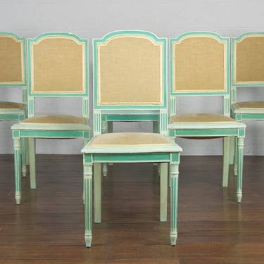Antique French Louis XVI Style Provincial Painted Green Dining Chairs - Set of 6 