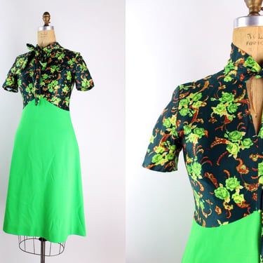 70s Green Mod Mini Dress / Green Floral Dress / Secretary dress / Size S/M 