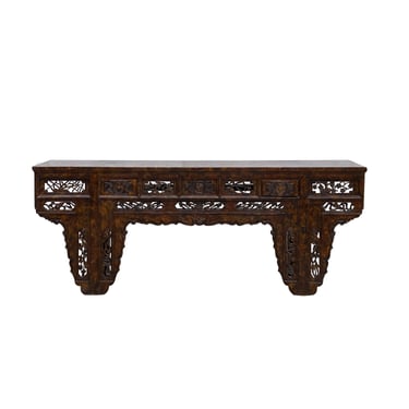Vintage Chinese Brown Wood Open Flower RuYi Carving Apron Altar Console Table cs7802E 