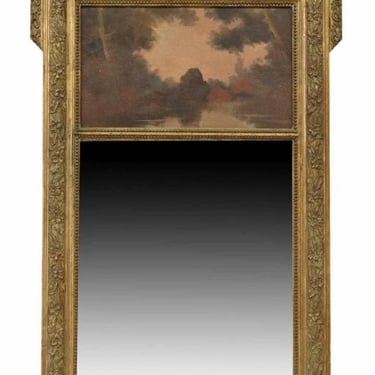 Late 19th/Early 20th C. French Painted Carved Gilt Wood Antique Trumeau Mirror 