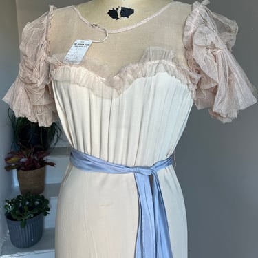 Unworn Tags On 1930s Bias Cut Dress with Belt Incredible Sleeves Vintage 38 Bust Vintage 