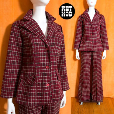 Fabulous Vintage 60s 70s Maroon Plaid Two-Piece Suit - Jacket & Pants 