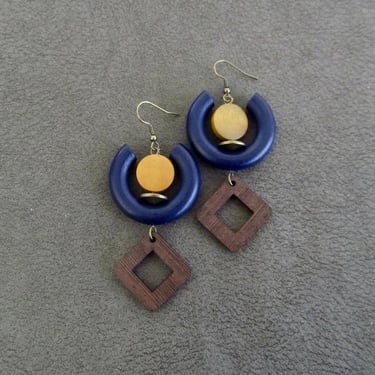 Large wooden earrings, bronze dangle earrings, Afrocentric jewelry, African earrings, dark blue earrings, mid century modern earrings 