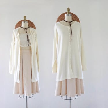 longline off white cardigan - l - vintage 90s y2k cream ivory womens long size large soft sweater jacket long sleeve 