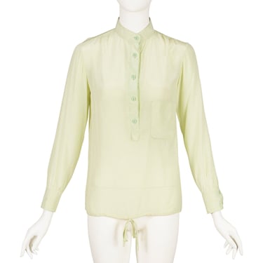 Bleu Marine Design 1970s Printed Pastel Green Silk Long Sleeve Blouse 