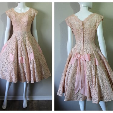 Vintage 50s Pink Lace and woven Bow Prom Event Rockabilly Dress // Modern US 4 6 