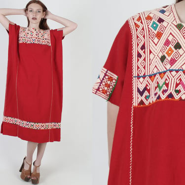 Traditional Mexican Caftan Dress / Vintage Gautemalan Woven Cotton Dress / One Size Huipil Embroidered Red Kaftan Dress 