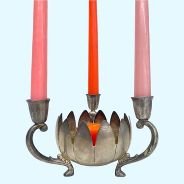 Vintage Candelabra Retro 1960s Mid Century Modern + F.B.R. Italy + Silver EP Brass + Lotus Flower Bowl + Holds 3 Candlesticks + Home Decor 