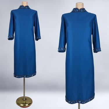 VINTAGE 60s Peacock Blue Shantung Beaded Shift Dress By Elegant Fashions Hong Kong | 1960s Mod MCM Cocktail Dress Large | VFG 