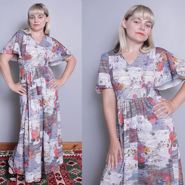 Vintage 1970's | Floral | Bohemian | Flutter Sleeve | Maxi | Dress | S 