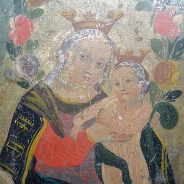 Antique 1800's Saint Mary and the Christ Child Mexican Retablo, Antique Madonna, Vintage Original Painting on Tin 