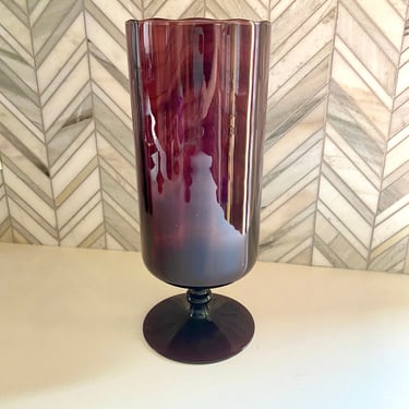 Vintage Italian Glass Amethyst Optic Cylinder Vase on Pedestal, 12" MCM Mid Century Purple Glassware, Round Vase 