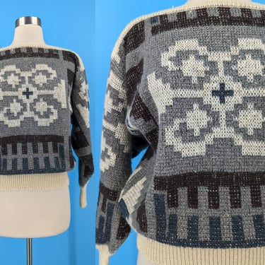 Vintage 80s Mondi Knit Wool Mohair Alpaca Blend Sweater - Eighties Small/Medium Geometric Pullover Sweater 
