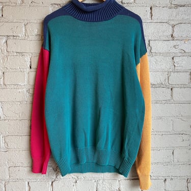 Med Large, Vintage 1990s HONORS Color Block Turtle Neck Sweater, Fall Winter 