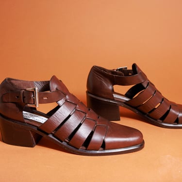 90s Chocolate Brown Ankle Strap Sandals Vintage Leather Classic Heel Cutout Shoes 