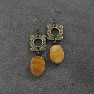 Brown mother of pearl shell and antique bronze earrings 