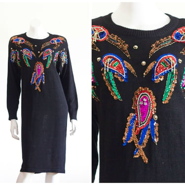 Vintage 1980s Black Knit Sweater Dress with Sequin and Bead Embellishments 