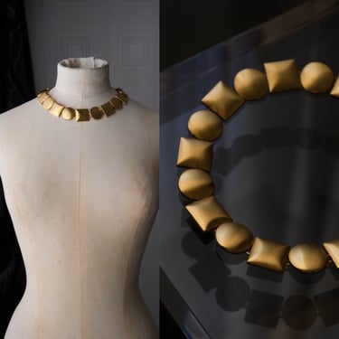 Vintage 80s ANNE KLEIN Signed Gold Geometric Shapes Chunky Statement Choker Necklace | Donna Karan Era | 1980s Designer Gold Jewelry 