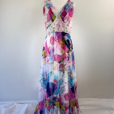 1970s Jack Bryan Floral Dress with Beaded Waist 