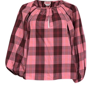 Kate Spade - Pink &amp; Maroon Plaid Print Taffeta Blouse Sz S