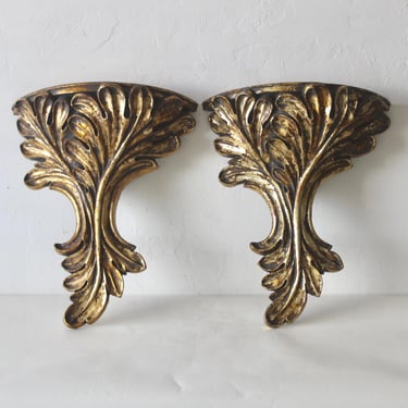 Oversized Italian Style Gold Gilt Leaf Wall Shelf Accent Brackets Vintage-a pair 