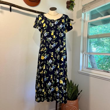 Handmade 90s Blue Floral Cottagecore Button Front Midi Summer Dress Size 2X 