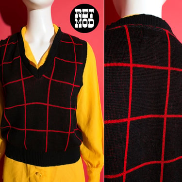 Smart Vintage 60s 70s Black & Red Grid Sweater Vest with V-Neck 