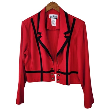 Vintage Crop Blazer Jacket Size 18 18W Red Black Trim Open Front Double Breasted 