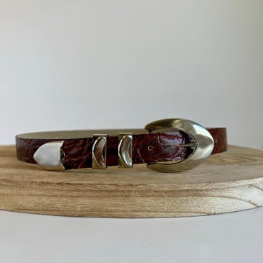 Vintage 90s Warm Red Brown Vegan Leather Silver Tipped Double Buckle Belt S 