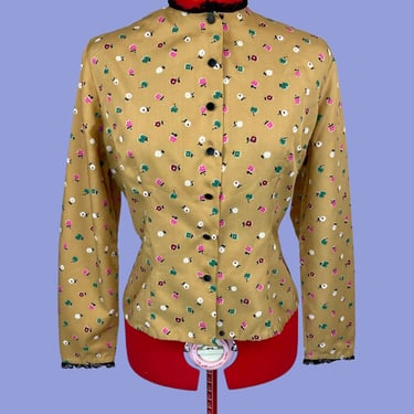 1950s Vintage Floral Folk Long Sleeve Goldenrod Yellow Blouse Gift 