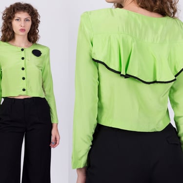 80s Retro Neon Green Crop Top, Deadstock - Small | Vintage Long Sleeve Button Up Cropped Boutonnière Blouse 