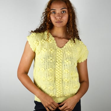 Vintage 80s Sweater / Vintage Yellow Sweater / 1980s Vintage Knit Crochet Top / 1980s Shirt Women / Sleeveless / Small Medium / Hand Knit 