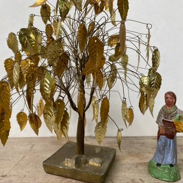Vintage Sequin Gold Leaf Tree With Plaster Base, Small Gold Wire Bonsai Tree With Gold Metallic Leaves, Wire Tree Sculpture 