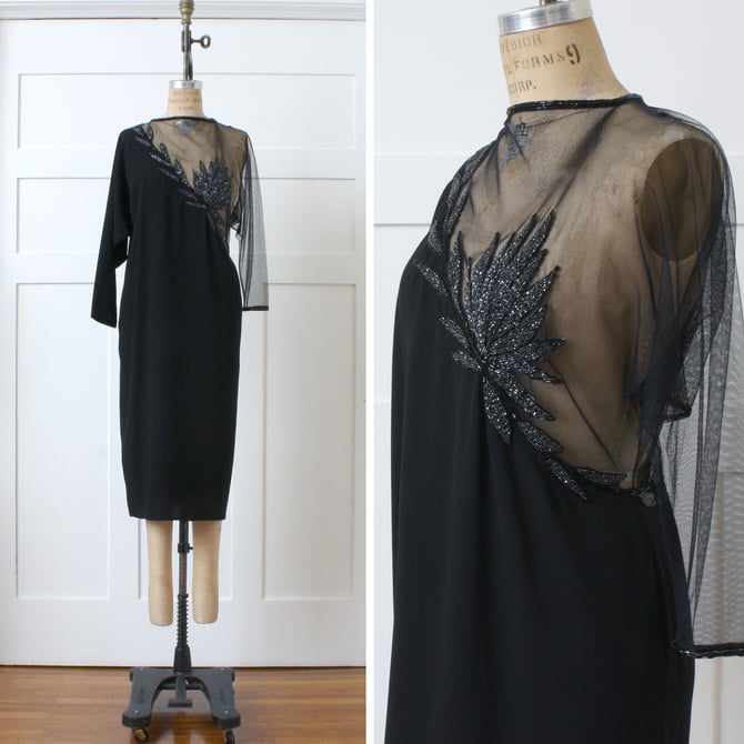 rare Carlota Alfaro designer vintage 1990s sexy little black dress • sheer beaded bust dolman sleeve rayon dress 