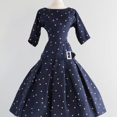 Iconic 1950's NEW LOOK Navy Blue &amp; White Polka Dot Silk Dress By Nathan Strong / Medium